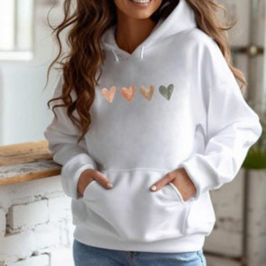 Neutral Watercolor Heart Hoodie For Women Heart Lover Gift Love Sweatshirt Cute Valentine's Day Sweater For Women Ladies Heart Top Oversized Hoodie Vintage Hoodie Washed Hoodie Essentials Hoodie Sports Hoodie 1pc Long Sleeve Sweaters Pullover Fall Outfits Winter Spring Clothes - White - View 1