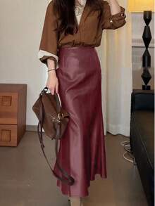 PU Leather A-Line Skirt, Solid Color, Minimalist, Casual Everyday Wear - Burgundy - View 3