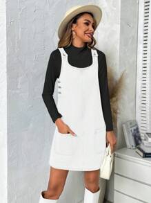 Classic Retro Women's Sleeveless Crewneck Denim Mini Overall Dress With Pockets - 白色 - 查看 4