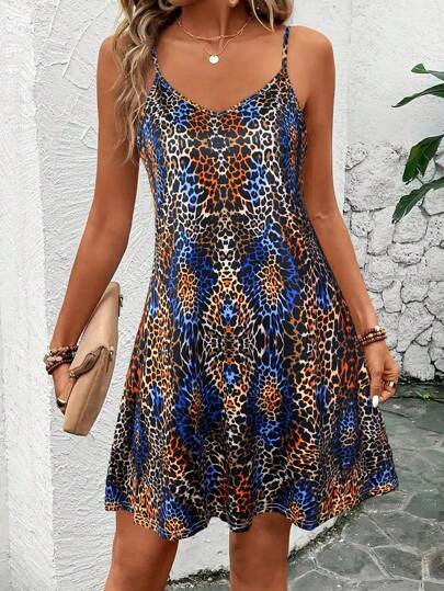 Spring & Summer V-Neck Cami Vacation Sleeveless Dress,Women's Leopard Print Off-Shoulder Mini Dress - Sexy V-Neck Sundress, Summer Vacation Beach Dress, Sleeveless Party Dress For Women,Leisurely Criss Cross Women Short Dresses Elegant Casual