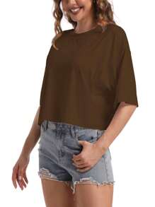 QGEMANWU Women's Comfy Basic Workout Gym Short Sleeve Crop Tops Loose Casual Oversized T-Shirts - 咖啡色 - 查看 2