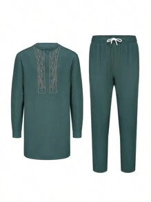 新款男士传统服饰男士西装长袖刺绣拼布衬衫和休闲裤两件套节日聚会商务男士西装