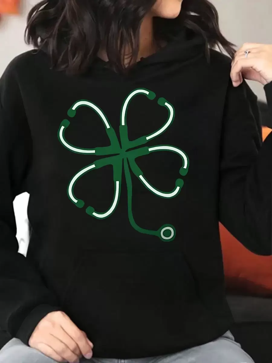 St Patrick's Day Print Hoodie Long Sleeve Women Sweatshirt For Winter & Fall