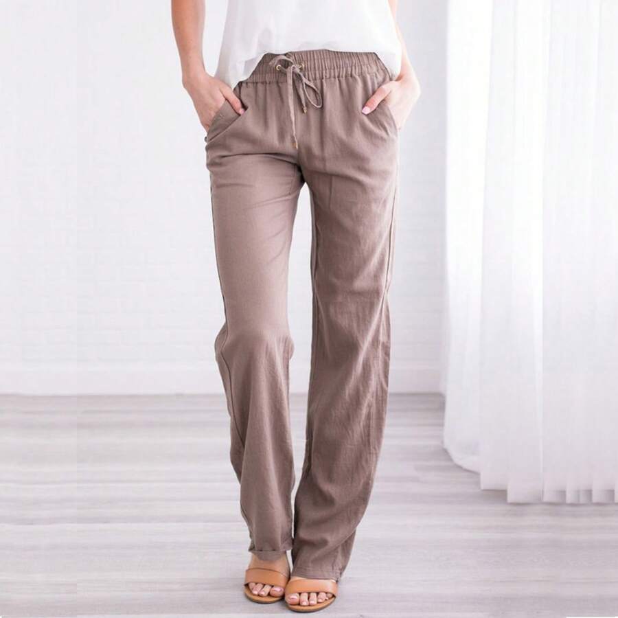 Linen Pants Women Summer Wide Leg Pants Drawstring Elastic Waist Wide Leg Pants High Waisted Lounge Pants Casual Yoga Beach Trousers With Pockets - 卡其色 - 查看 1