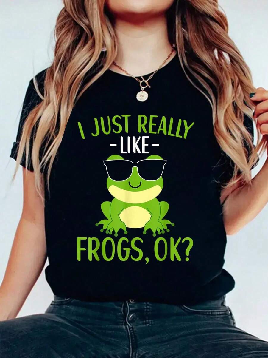 I Just Really Like Frogs Frog Catcher Lover For T-Shirt Print Cotton T-Shirt For Summer, Women's Soft Short Sleeve Top, Stylish Comfy Tee For Women Graphic Tees