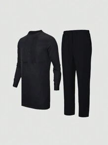 2 件/套大码男士黑色 Dashiki 风格西装，前褶设计，时尚炫酷，非洲时尚，休闲衬衫和裤子，四季新设计，适合街头装、派对和约会