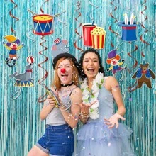 9pcs Carnival Party Birthday Decoration Hanging Spiral Ornaments - Circus Theme Animals Clown Elephant Dolphin Ceiling Spiral Hanging Decor, DIY With Hooks Provided