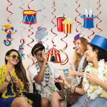 9pcs Carnival Party Birthday Decoration Hanging Spiral Ornaments - Circus Theme Animals Clown Elephant Dolphin Ceiling Spiral Hanging Decor, DIY With Hooks Provided