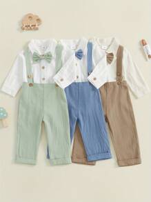 Conjuntos de ropa de otoño e invierno para bebés varones, mono de manga larga con solapa y botones, conjuntos de pantalones con tirantes de color liso - Caqui - Ver 4
