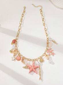 1 件手工制作的海星、贝壳、鱼形吊饰项链、春夏度假海滩项链、海洋生物贝壳、珊瑚、人造珍珠吊饰项链首饰（由于手工制作，颜色和形状略有不同） - 彩色 - 查看 2