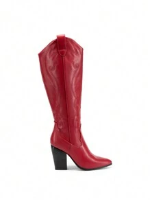 Cowboy Boots For Women, Comfortable Pull On Zipper Chunky Heel Pointed Toe Embroidered Western Cowgirl  Knee High Boots Christmas Fall - Red - View 5