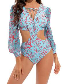 Women's Summer Romper Swimwear Long Sleeve V Neck Hollow Bathing Suit Monokini Swimsuit - Green - View 1