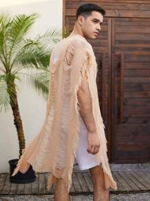 Men's Summer Beach Fashion Knit Open Front Cover Up - Khaki - View 5