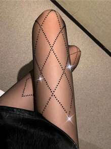 1pc Women Rhombus Rhinestone Skinny Tights, Simple & Fashionable For Everyday Use