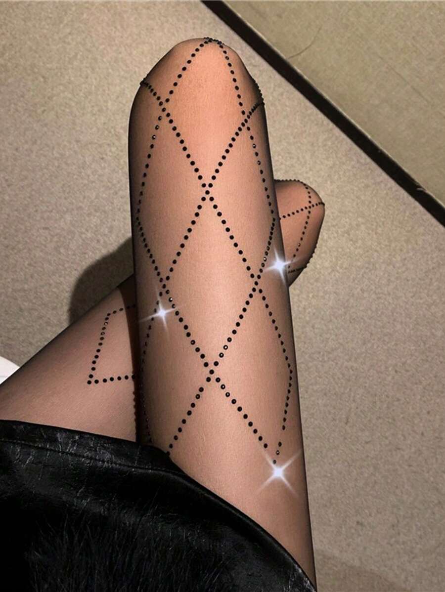 1pc Women Rhombus Rhinestone Skinny Tights, Simple & Fashionable For Everyday Use