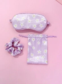3-Piece Set Includes Satin Fabric Purple Digital Print Eye Mask, Scrunchie & Storage Pouch, Suitable For Daily Wear, Resting & Storage