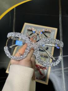 1pc Oversized Round Fashionable Glasses With Diamond Studded Half Frame, Personalized Multifunctional Glasses Frame, Transparent Glasses, Shiny Accessories - 無色 - 查看 8