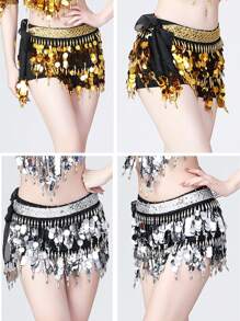 Belly Dance Sequin Hip Scarf Chiffon Short Skirt Belt Waist Chain Wrap Rave Gold Shine Sparkly Costume For Women Carnival Stage - Multicolor - View 3