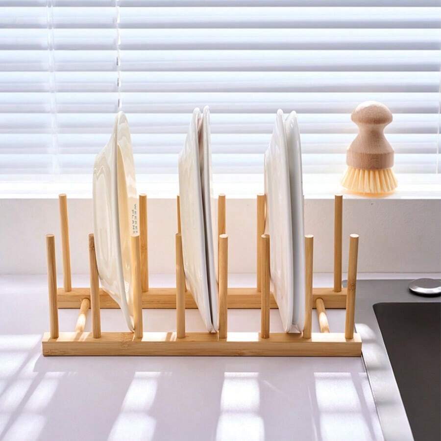 Bamboo Dish Drying Rack, Plate Storage Rack, Book, Pot Lid, Chopping Board, Cup Dryer Rack, Upright Draining And Storage Rack For Cabinet, Keep Books Dry And Organized - Khaki - View 1