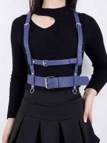1pc Women's Blue Suspender Belt, PU Leather Chest Strap, Clothing Accessory - Multicolor - View 2