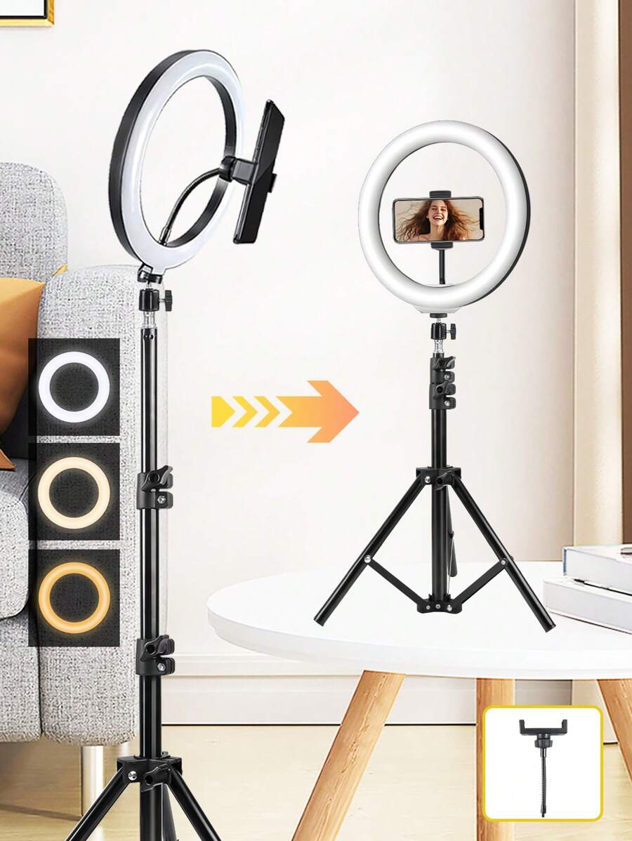 10 Inch Tri Color LED Ring Light With 110cm Tripod, USB Power Supply, Adjustable Brightness, Christmas LED Light With Flexible Phone Clip And Phone Filling Light Holder, Used For Photo Selfies, Video Recording Zoom Meetings, Handheld Selfies, Outdoor Activities, Interviews, Live Broadcasts, Video Recording LED Light With Flexible Tripod And Phone Holder, Suitable For IPhone Android Phones, No Battery Required - màu đen - Xem 1