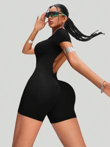 Women's Half Zipper Ribbed Knit Sports Romper Halter Sleeveless Yoga Workout Romper - 黑色 - 查看 3