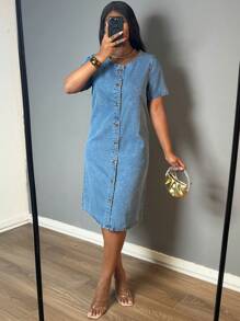 Women's Summer Short Sleeved Button Down Denim Shirt Dress, Vintage Denim Dress, Striped Dress - 中等水洗藍 - 查看 6