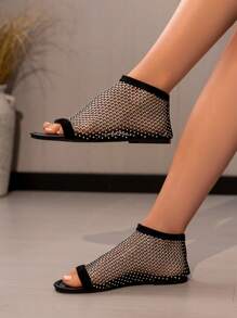 Round Toe Flat Hollow Peep-Toe Rhinestone Sandals, Women Plus Size Casual Fishnet Mesh Slip-On Elastic Band Colorful Crystal Loafers