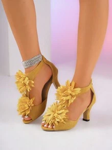 Ladies' Elegant Solid Rear Zipper Hollow Floral Round Toe Thick Heel Sandals, Fabric Upper With T-Strap - Yellow - View 6
