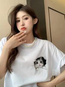 女士宽松圆领猫咪印花休闲短袖 T 恤，春夏 - 白色 - 查看 2