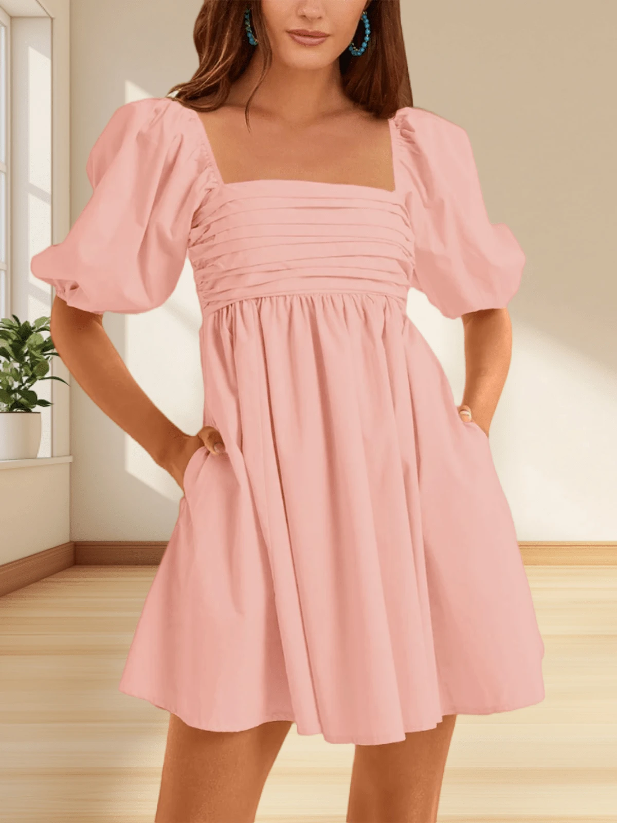 2026 Fall Summer Spring Sweet Women's Square Neck Half Puff Sleeve High Waist Smocked Backless Short Babydoll Dress - Hồng - Xem 1