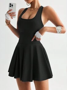 TCVC 女士无缝针织口袋运动连衣裙，工字背心，无袖方领网球裙，室内户外运动瑜伽，亲肤面料，合身塑形 - 黑色 - 查看 5