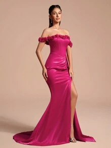 Romantisches elegantes 3D Blumen Bardot Tailliertes Meerjungfrauen Abendkleid, seitlicher Schlitz geeignet für Partys und formelle Anlässe