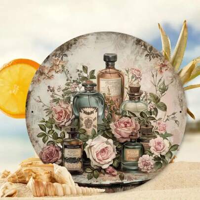 1 pieza Placa metálica redonda con diseño vintage de perfume y flores, diámetro de 20 cm, arte de pared metálico duradero, adecuado para el hogar, cafetería, oficina, restaurante y decoración nostálgica de garaje, posición aleatoria de los orificios