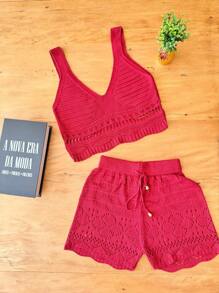 Women's Summer Fashion Knitted Beach Cover-Up Set Shorts And Lace Crochet Top - Red - View 2