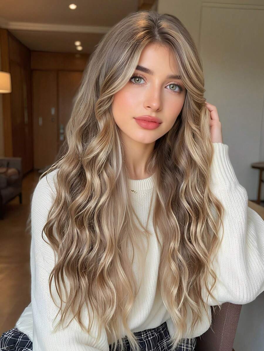 Tóc giả dài 24 inch màu nâu vàng, kiểu gợn sóng, dành cho nữ, tóc giả xoăn màu nâu vàng có mái thưa, kiểu sóng nước, làm từ sợi tổng hợp chịu nhiệt, thích hợp sử dụng hàng ngày và dự tiệc.