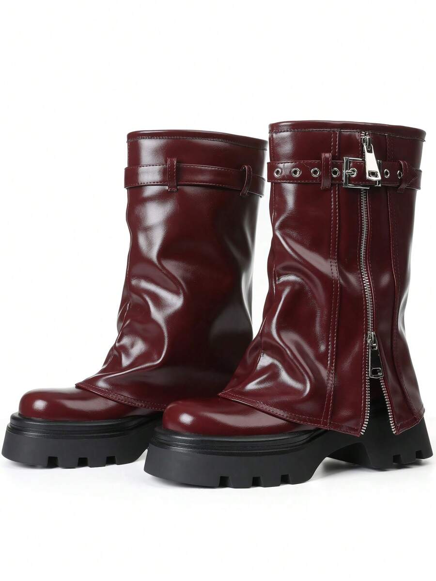Punk Goth Women's Ankle Boots Fold Over Wedge Heel Booties Wide-Calf Short Shoes Fashion Motorcycle Boots - Red - View 1