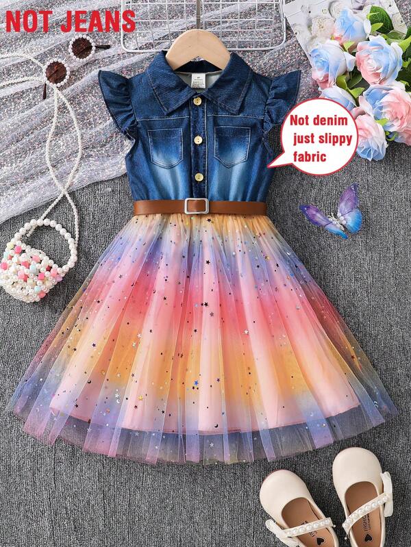 Fashion Splice Denim Effect Dress For Girls, Summer Design Flare Sleeves Turn-Down Collar Waist Midi Dress, Children Outdoor Casual Gradient Color Mesh, Young Girl Party Academy Dress With Belt