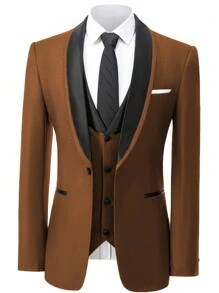 Men's Suit Slim Fit 3 Pieces Blazer Vest Pants Suits Set One Button Shawl Lapel Tuxedo Formal Wedding Groomsmen Blazer - 棕色 - 查看 2