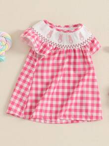 Vestido de Pascua para niñas de 0 a 3 años, con bordado de conejo, cuello redondo, estampado a cuadros, mangas voladoras, corte A - Rosa - Ver 2