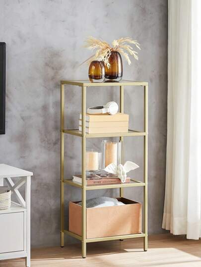 VASAGLE Bathroom Storage Shelf, Tempered Glass Storage Rack, 4-Tier Storage Unit, Sturdy, Easy To Assemble, For Living Room, Bedroom, Office, Golden