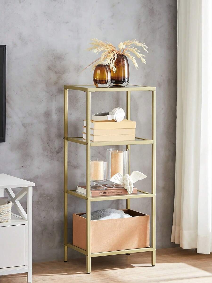 VASAGLE Bathroom Storage Shelf, Tempered Glass Storage Rack, 4-Tier Storage Unit, Sturdy, Easy To Assemble, For Living Room, Bedroom, Office, Golden - White - View 1