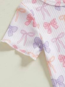 Toddler Girls Ribbed Shorts Set Bow/Heart Print Short Sleeve Round Neck Tops Elastic Waistband Shorts - 紫色 - 查看 8