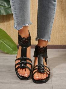Women Woven Lace Open Toe Back Zipper Roman Sandals, Black Flat Sandals For Spring/Summer - Black - View 4