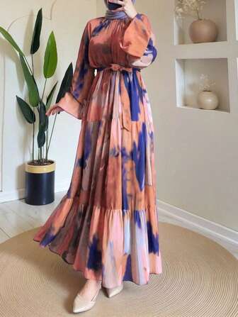 Women's Batik Print Long Sleeve Arabic Style Casual Dress, Simple & Fashionable For Everyday Wear,Modest