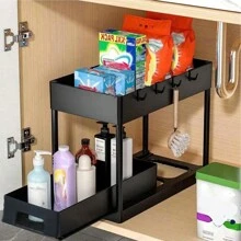 Organizzatore multifunzionale da riporre sotto il lavello, scaffale estraibile per mobile, mensola a 2 ripiani per il bagno, in confezione - nero - Visualizzare 7