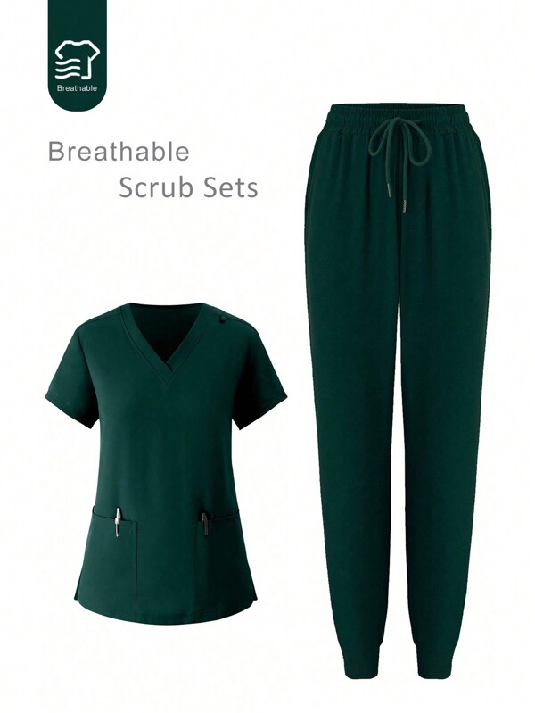 Scrubs Uniform Women Jogger Textured Stretchy Nursing Work Clothes Set, Breathable Scrub Tops And Bottom With Pockets