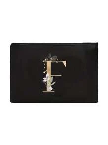 A Black Makeup Bag With The Initials A~Z Printed On It, Featuring A Green Leaf Pattern Print,Cosmetic Bag,Portable Wash Bag,Teacher's Day Gift, Reusable Makeup Bag, Women's Simple And Large Capacity Travel Makeup Bag