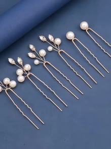 6件装女士珍珠发夹新娘婚礼发饰水晶发卡婚礼派对装饰情人节配饰 - 金色 - 查看 6