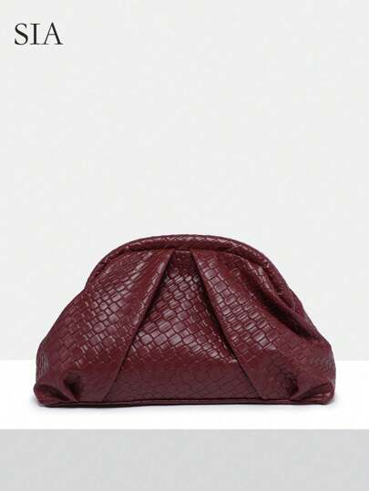 Women's Vintage Minimalist Beaded Sequin Tropical Plant Woven Embossed Angola Red Rivet Decor Large Capacity Pleated Cloud Clip Clutch Handbag, Suitable For Parties, Outings, And Daily Wear